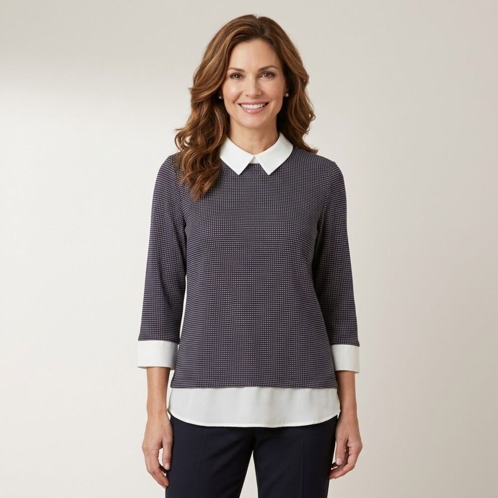Ann Taylor Petite Collared Blouse Size SP Long Sleeve Black w/ Cream Dots